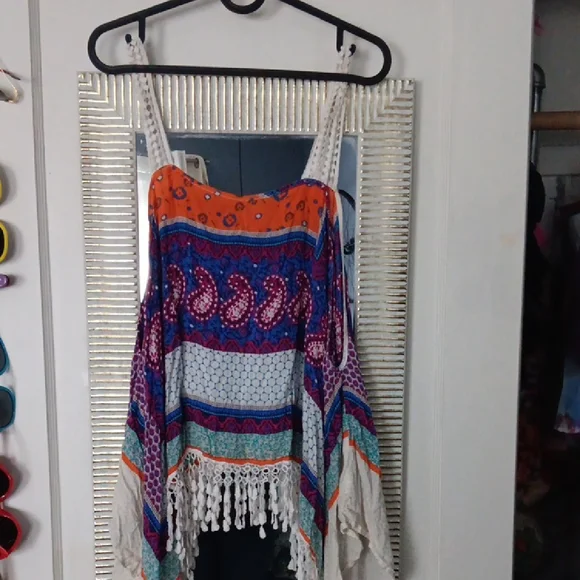 ❤️2 For $14❤️ Surf Gypsy Vibrant Orange and Blue Women's Blouse - Picture 1 of 5